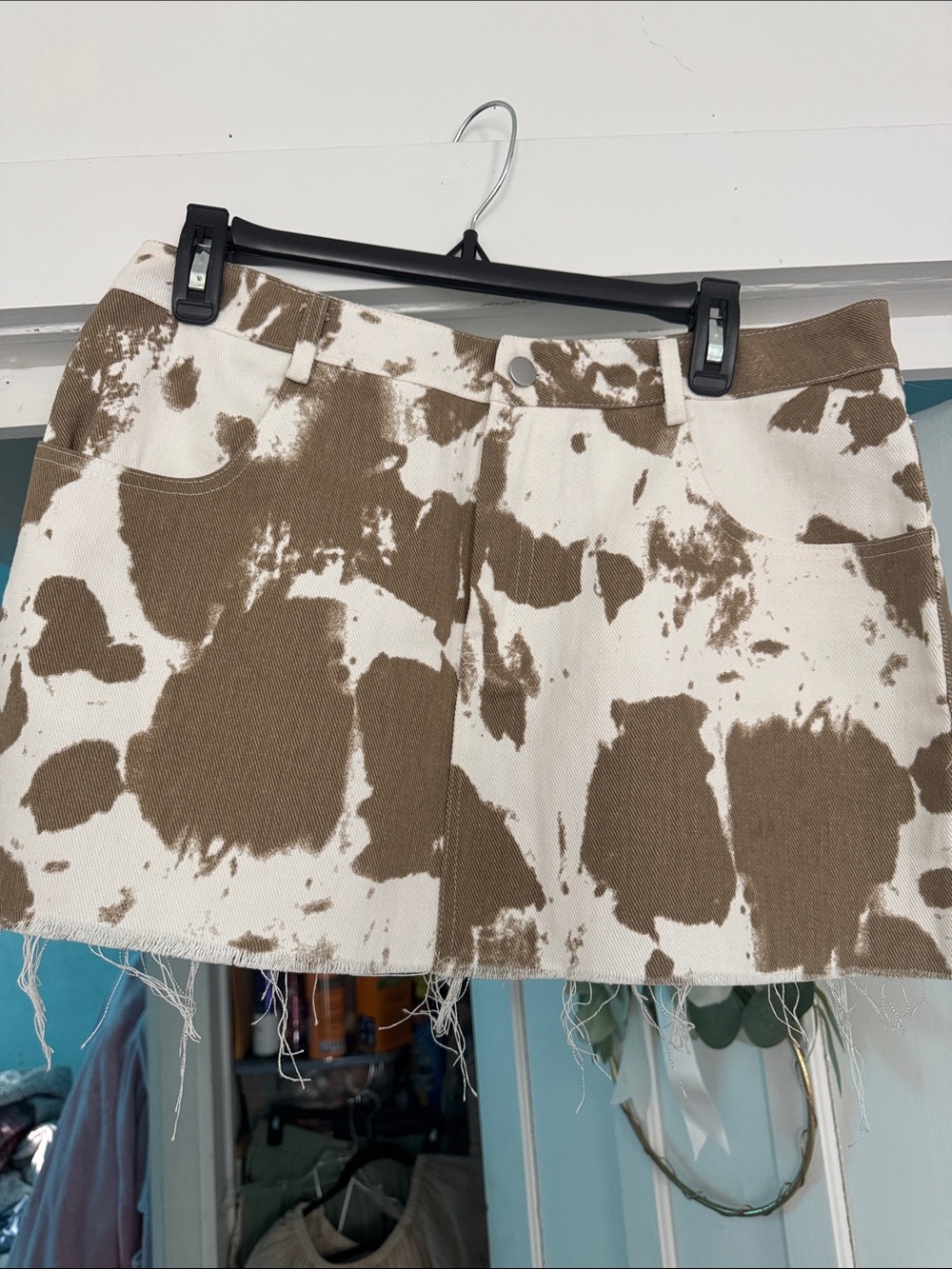 Cowprint Brown and White Denim Mini Skirt